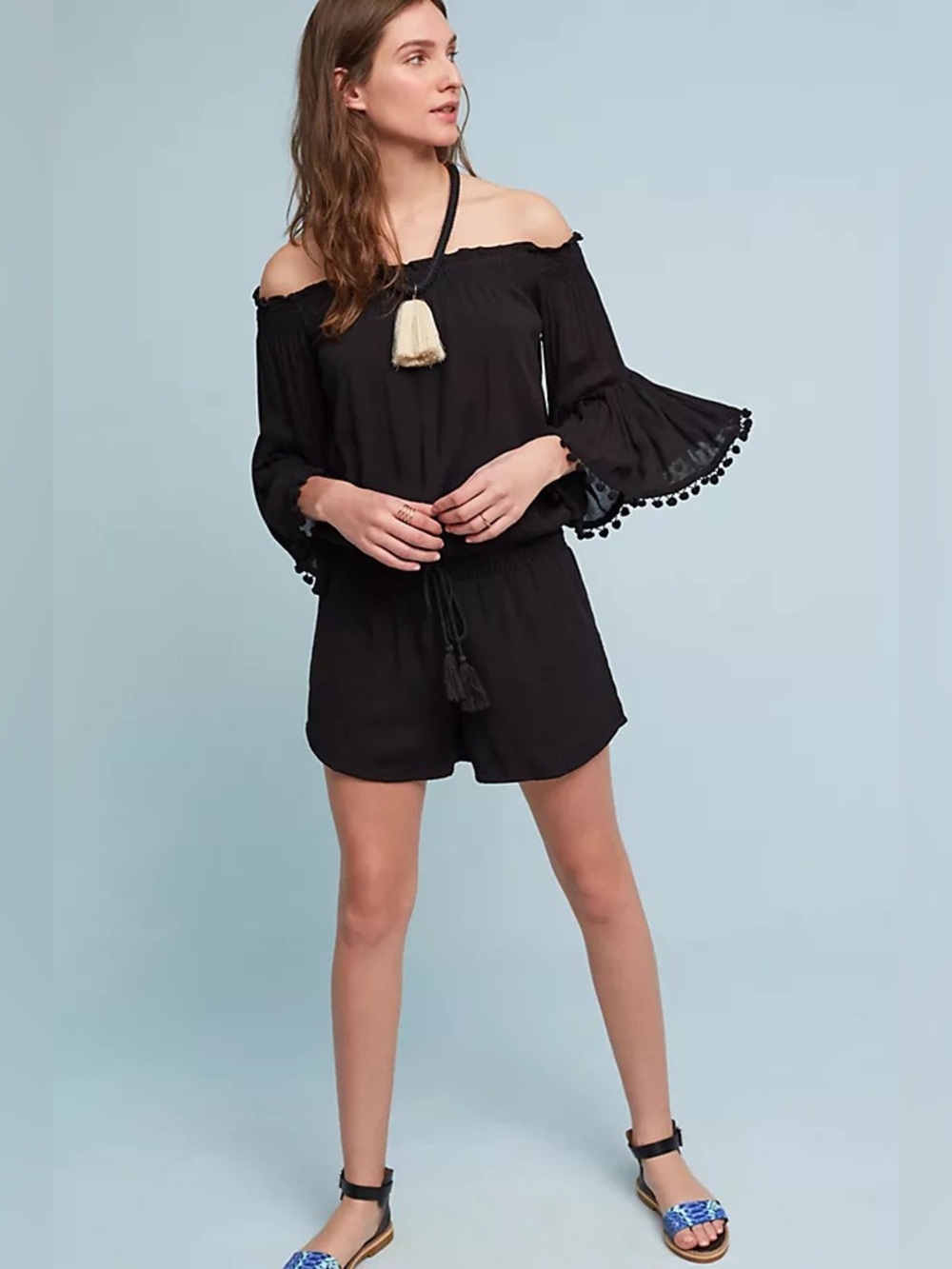 Anthropologie - LILKA - Black Pom-Trimmed Off-the-shoulder Romper. Rayon. XL